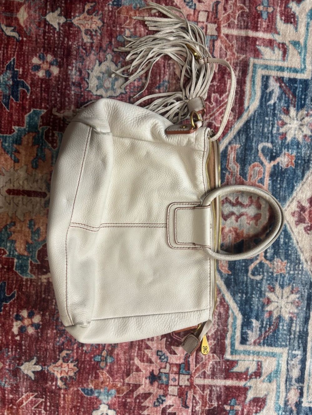 HOBO Cream Leather Fringe Handle Shoulder Bag